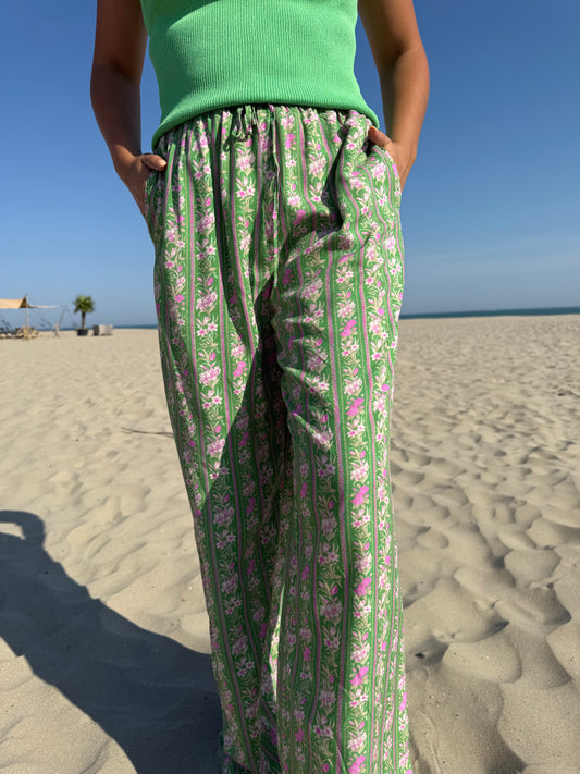 Green floral wide leg pants