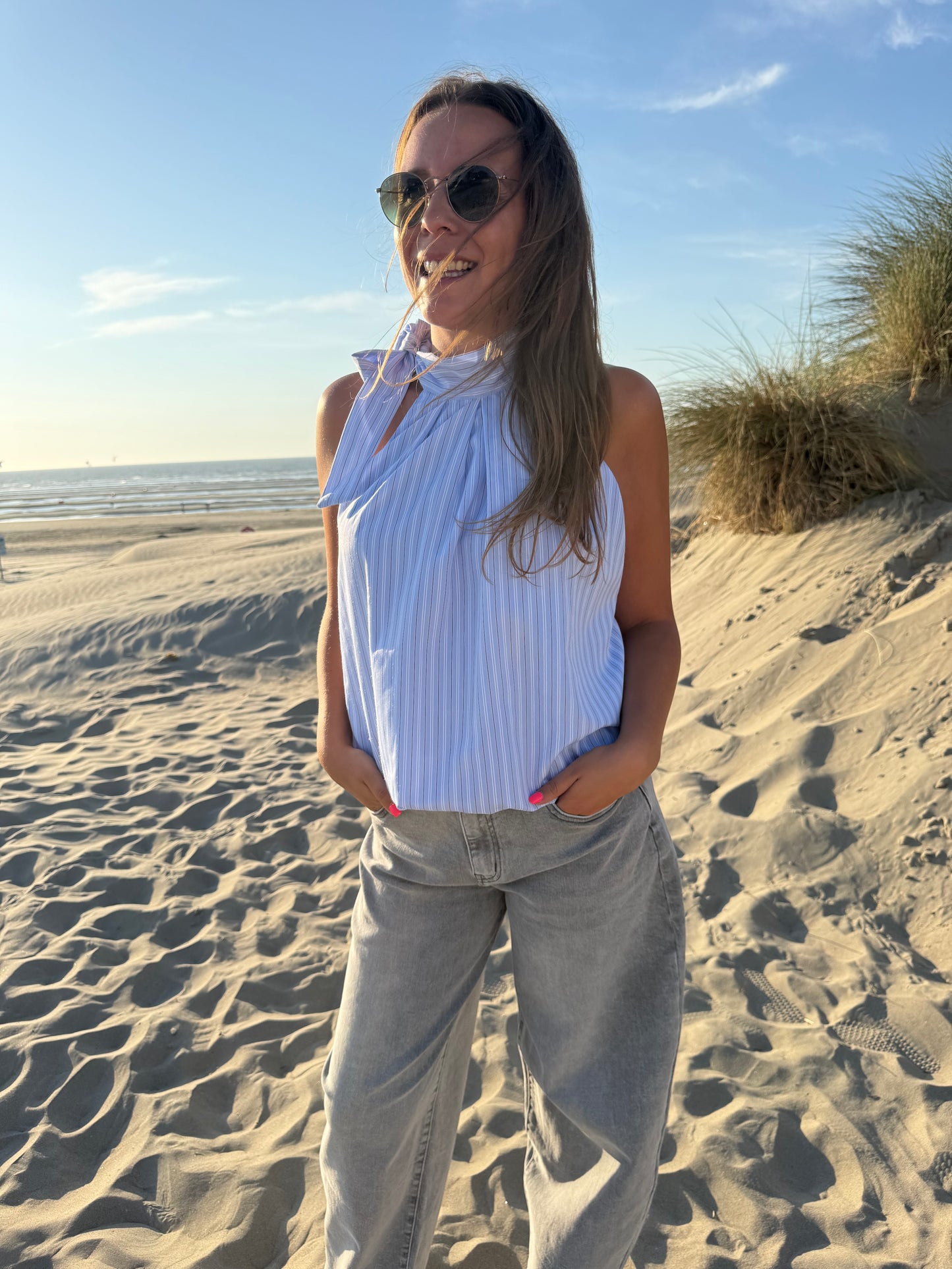 Blauwe halter blouse